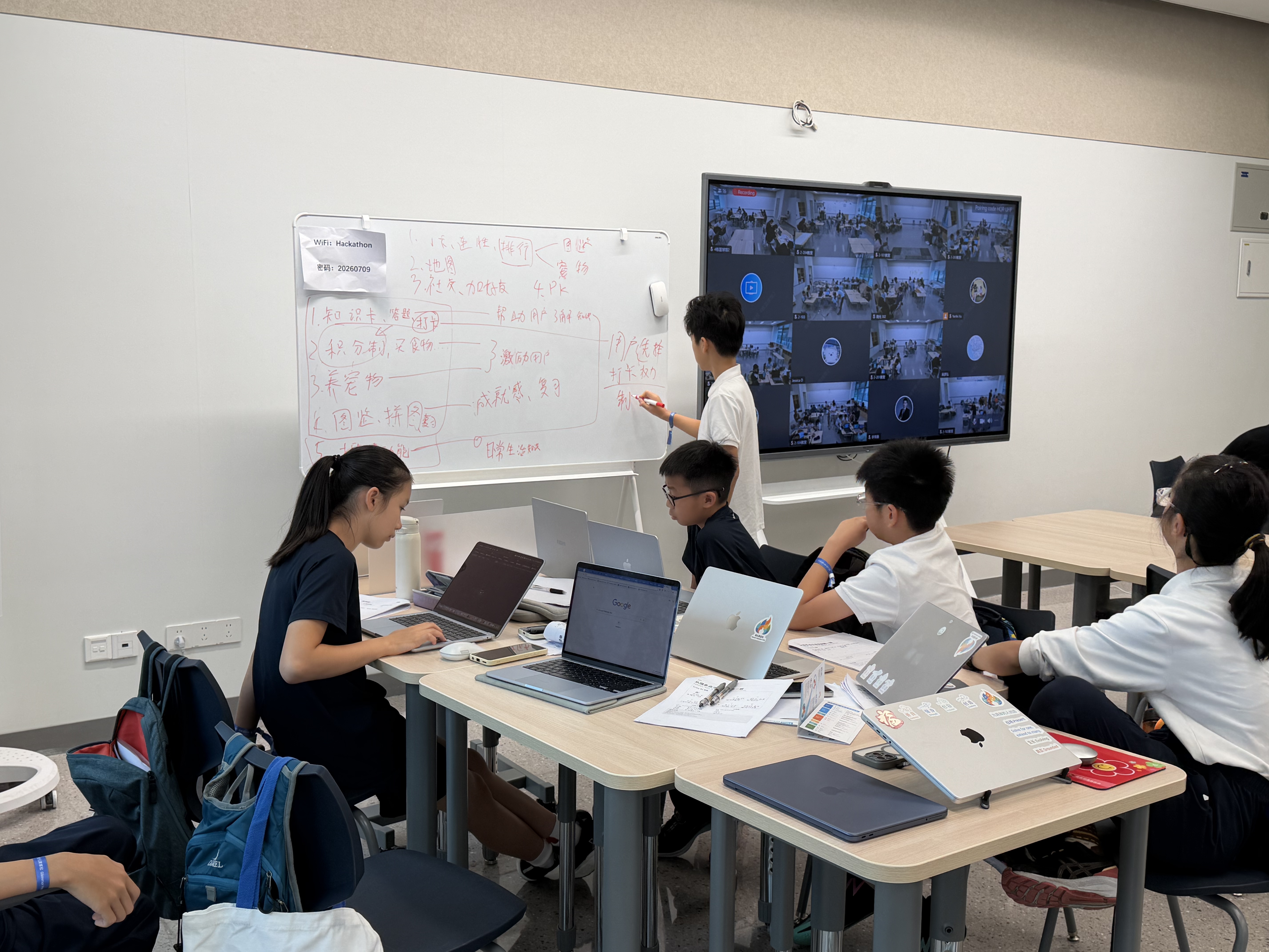 The team discusses tradeoffs around the whiteboard and prototype