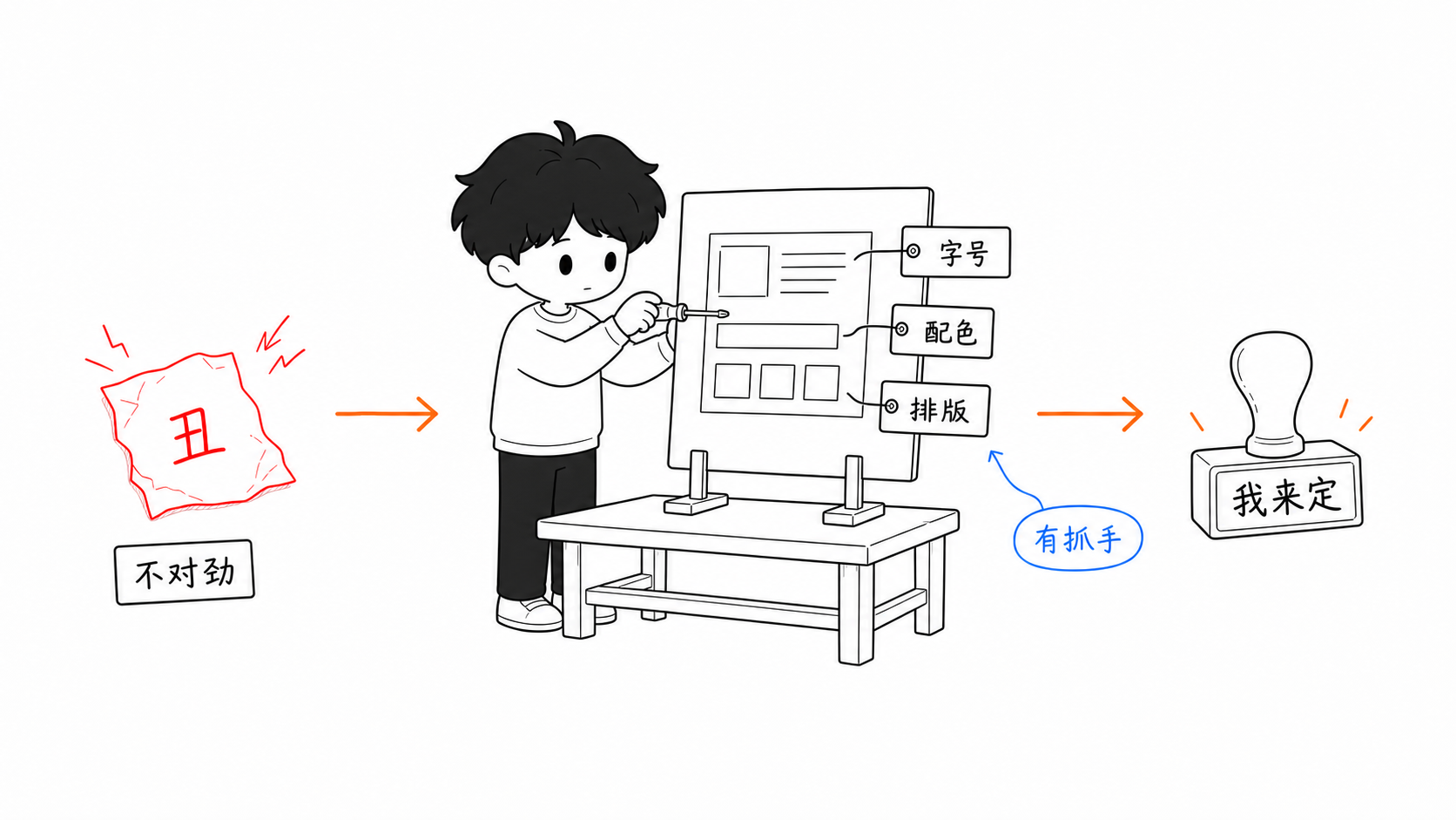 Ze 把不对劲拆成字号、配色和排版这些具体抓手
